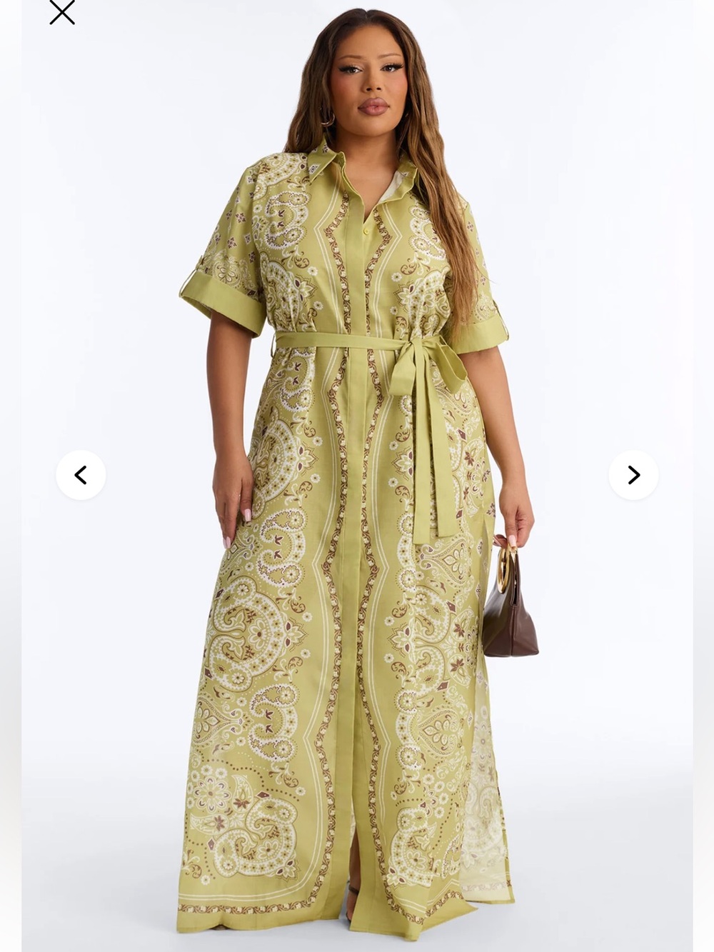 Plus Size Olive Paisley Shirt Maxi Dress with Tie Waist
